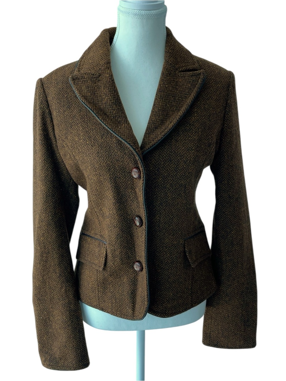 Women’s Tailored Brown Herringbone Jacket with Faux Leather Piping Size 3/4
